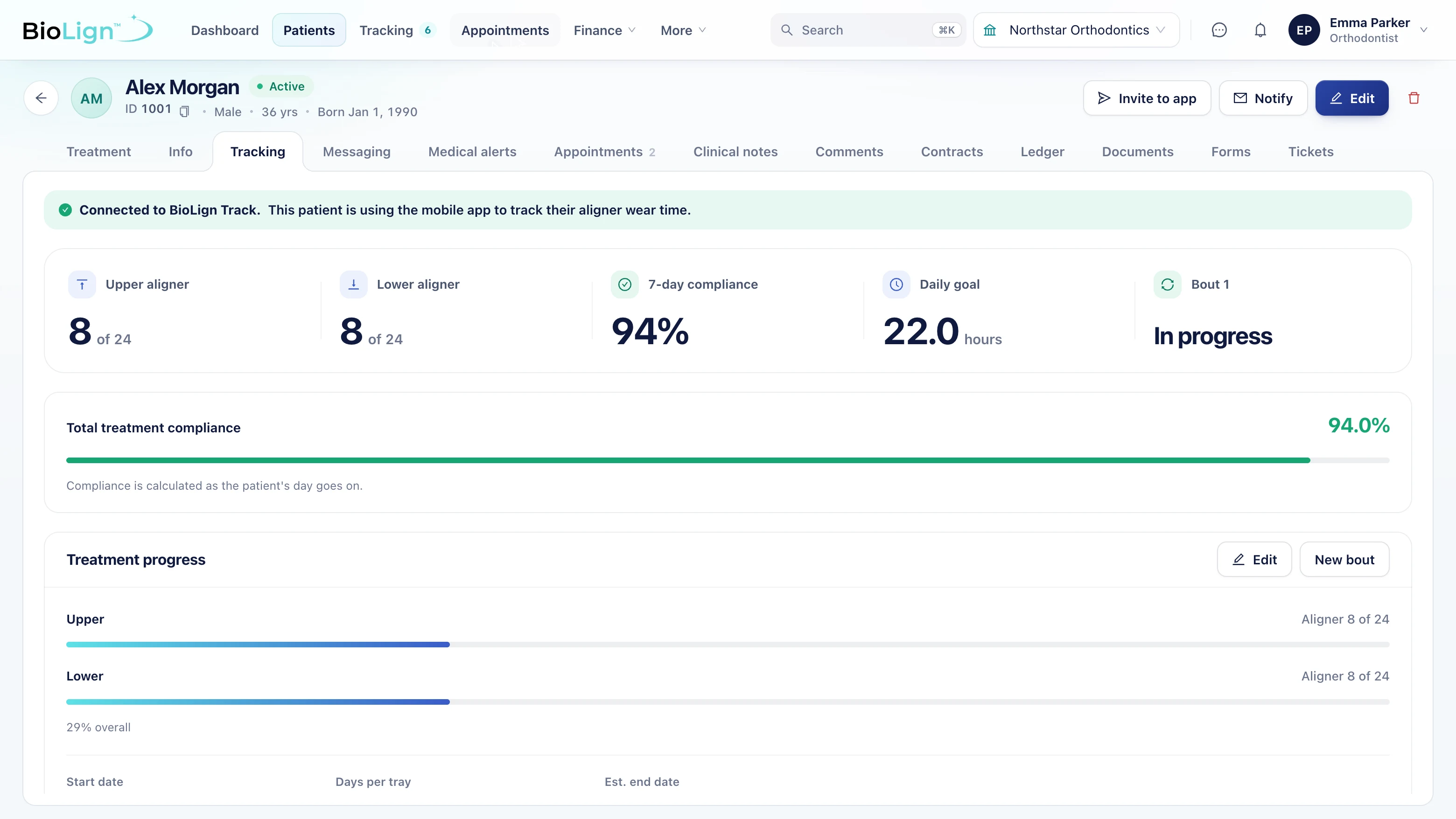 Patient record in BioLign Cloud showing live wear data from BioLign Track